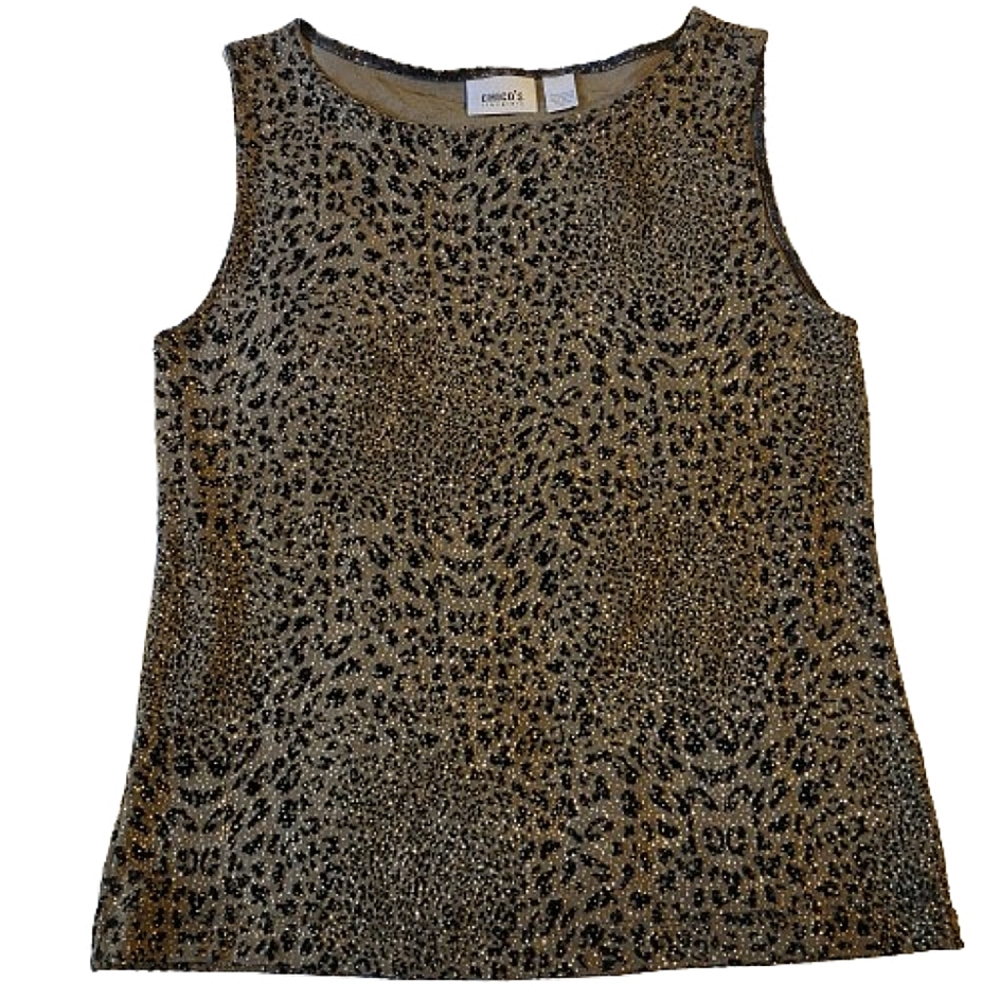 Chico's women's brown and black animal print w/ gold specks blouse size 2 (M)